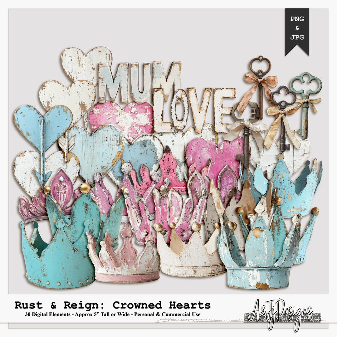 Rust & Reign: Crowned Hearts | Shabby Elements | Rustic Clipart | Junk ...