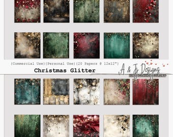 Christmas Glitter, Digital Paper, Scrapbooking, Junk Journal Pages, Ephemera, 12x12", Commercial Use
