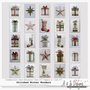 May include: A set of 25 printable art prints with stitched winter designs. The prints depict gift boxes, stars, and stockings in red, green, and beige. The text "Stitched Winter Wonders" is displayed across the bottom of the image.