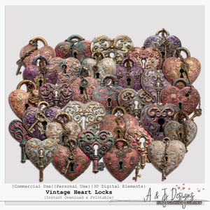 May include: A collection of vintage heart-shaped locks in various colors, including pink, purple, and teal. Each lock has intricate designs and keyholes, with some featuring attached keys. The image includes the text "Vintage Heart Locks."