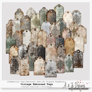 Op de afbeelding: Een verzameling vintage reliëf labels in verschillende kleuren, waaronder bruin, grijs en blauw. Elk label heeft een decoratief reliëf ontwerp en een gat om op te hangen. De tekst "Vintage Embossed Tags" is zichtbaar.