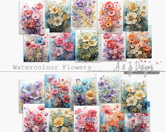 Watercolour Flowers, Commercial Use, Junk Journals, Printable, Ephemera, Digital Art, Digital Download