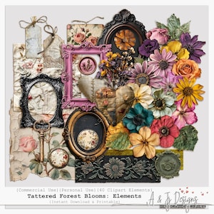 Op de afbeelding: Een collage van bloemen clipart elementen, waaronder frames, bloemen en decoratieve accenten. Het kleurenpalet bevat roze, goud en diverse bloemkleuren. De tekst "Tattered Forest Blooms: Elements" is zichtbaar.