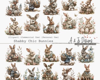 Shabby Chic Bunnies, CU, Easter, Spring, Clipart, Printable, PNG Format, Junk Journals, Scrapbooking, Paper Craft, Mixed Media, Digital Art