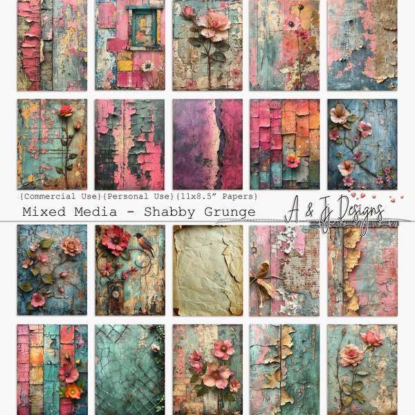 Mixed Media - Shabby Grunge, CU, Papers, Afdrukbaar, JPG, Junk Journals, Scrapbooking, Mixed Media, 11x8.5", Digitale downloadbare kunst