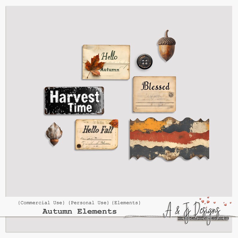 May include: A set of digital scrapbook elements with an autumn theme. The elements include a sign that says "Harvest Time", a sign that says "Hello Autumn", a sign that says "Blessed", a sign that says "Hello Fall", and a rustic wooden sign with a wavy edge.