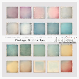 May include: Twenty digital paper backgrounds in various shades of blue, pink, yellow, and brown. The papers have a vintage, textured look. The text "Vintage Solids Two" is at the top of the image.