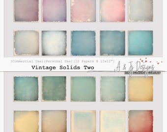 May include: Twenty digital paper backgrounds in various shades of blue, pink, yellow, and brown. The papers have a vintage, textured look. The text "Vintage Solids Two" is at the top of the image.