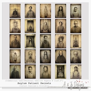 Puede incluir: Una colección de 25 retratos de estilo vintage de pacientes de asilo. Cada retrato está enmarcado con un borde desgastado y presenta a individuos en varias poses y expresiones. El texto "Asylum Patient Secrets" está en la parte inferior.