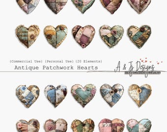 Antique Patchwork Hearts, 20 Clipart Images, Commercial Use, Personal Use, Print on Demand, Transparent Files, Instant Download, Printable