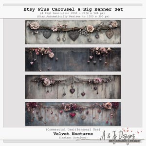 May include: Set of four Etsy banner templates with a vintage aesthetic. Each banner features floral and heart decorations in shades of gray, pink, and burgundy. The text "Velvet Nocturne" is visible at the bottom. Designed by A & J Designs.