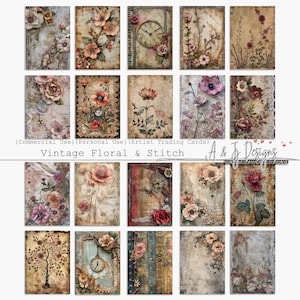 Vintage Floral and Stitch, CU, ATC, Imprimable, Carnets indésirables, Technique mixte, Éphémère, Création artisanale, artiste numérique, Scrapbooking