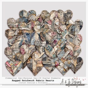Könnte beinhalten: Eine Ansammlung von Stoffherzen in verschiedenen Größen und Mustern. Die Herzen bestehen aus abgenutztem Stoff mit einem Patchwork-Design, das Farbtöne von Blau, Rosa, Beige und Grau aufweist. Das Bild enthält den Text "Ragged Patchwork Fabric Hearts".