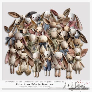 May include: A collection of primitive fabric bunnies in various sizes and styles. The bunnies have long ears, stitched faces, and are dressed in soft, muted fabrics. Some have bows or dresses. The text "Primitive Fabric Bunnies" is visible.