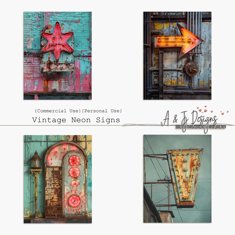 Vintage Neon Signs, Commercial Use, Printable, Ephemera, Papers, JPG ...