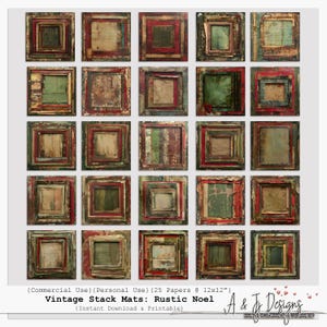 May include: A collection of twenty-five vintage stack mats with a rustic Noel theme. Each square mat features a distressed, layered design with red, green, and brown tones. The mats are 12x12 inches and are available as an instant download.