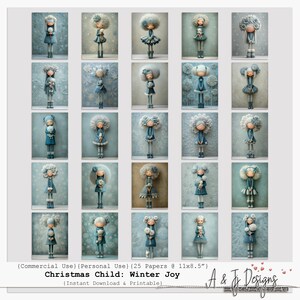 May include: A set of 25 digital art prints showcasing doll-like figures in winter attire. The dolls are in shades of blue and white, with fluffy hair and floral details. The text "Christmas Child: Winter Joy" is displayed at the bottom of the image.