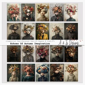 Ecos da imaginação do outono, 20 papéis digitais, diário de lixo e scrapbooking, estética de outono e arte de fantasia, 11x8,5, uso comercial