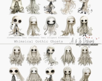 Whimsical Gothic Ghosts Clipart Elements, Commercial Use, Halloween Junk Journal, Cute Ghost Clipart, Digital Pack, Transparent Background