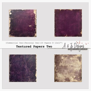 May include: Four digital paper textures in a set. The papers are in shades of purple and brown with a distressed, vintage look. The papers are 12 inches by 12 inches and are for commercial and personal use.