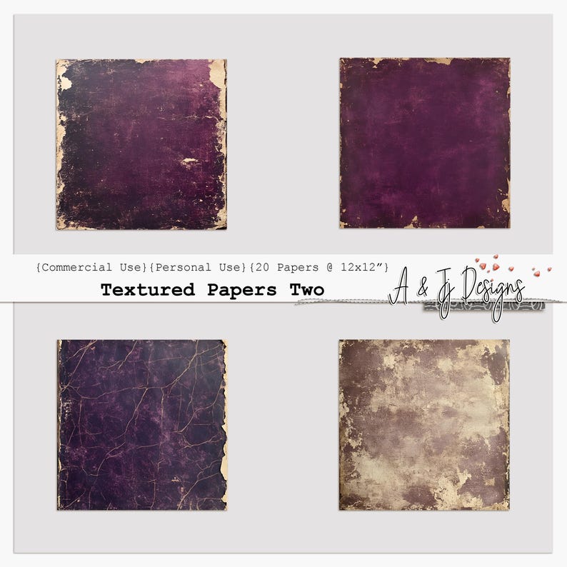 May include: Four digital paper textures in a set. The papers are in shades of purple and brown with a distressed, vintage look. The papers are 12 inches by 12 inches and are for commercial and personal use.
