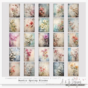Rustieke lentebloemen | Digitaal papierpakket | 25 bloemen houtstructuren | Vintage bloemen | Ongewenste tijdschriften | Plakboeken | Commercieel gebruik