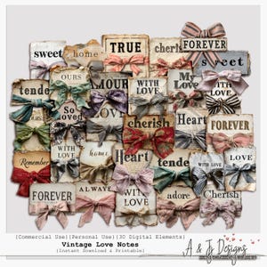 Op de afbeelding: Een verzameling digitale elementen in vintage-stijl met handgeschreven tekst en decoratieve strikken. De elementen bevatten zinnen als "Forever", "Love" en "Cherish" op verouderde papieren achtergronden. Ideaal voor scrapbooking- en knutselprojecten.