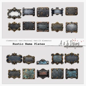 Placas de nombre rústicas, imágenes prediseñadas, elementos digitales vintage para revistas basura, álbumes de recortes, uso comercial, archivos PNG transparentes