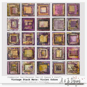 May include: A collection of 25 square digital art prints in a grid layout. Each print features a layered, abstract design with violet, ochre, and gold tones. The text "Vintage Stack Mats: Violet Ochre" is at the bottom, indicating a downloadable and printable product.