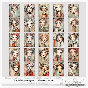 May include: A collection of 25 printable art prints featuring watercolor illustrations of women with vintage winter attire. The artwork is titled "The Bloomkeeper: Winter Muse" and is available as an instant download.