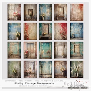 Shabby Vintage Backgrounds | 20 Floral & Peeling Paint Digital Papers | 11x8.5&quot; Junk Journal and Scrapbook Paper for Crafts