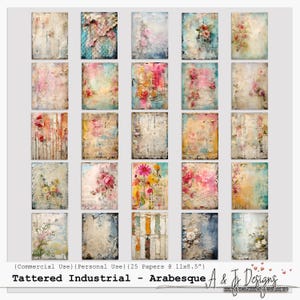 Zerfetzte Industrie Arabeske, Digitales Papier, Vintage Grunge Floral Junk Journal Seiten