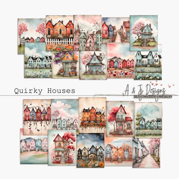 Quirky Houses, Commercial Use, Junk Journals, Digital Art, Printable, Ephemera, Digital Download