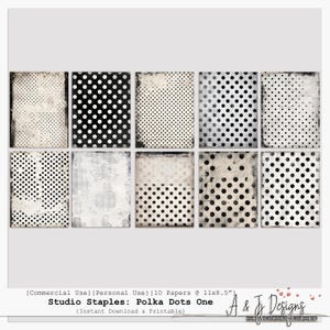 May include: A collection of ten digital papers with polka dot patterns in black and white. The papers have a distressed, vintage aesthetic. The text on the image reads "Studio Staples: Polka Dots One" and "Instant Download & Printable."