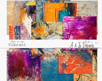 May include: A digital collage of 10 vibrant abstract art images in various colors, including orange, blue, purple, pink, and yellow. The images are arranged in a grid pattern and have a textured, painted look. The text "(Mix It Up) Vibrant" is at the top of the collage, and the text "A & J Designs" is at the bottom.
