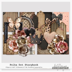 Op de afbeelding: Een digitale scrapbooking-set genaamd Polka Dot Storybook met 8 vellen van 27,9x21,6 cm en 25 elementen van 15,2 cm hoog. De collectie bevat vintage-stijl kaders, vlinderuitsneden, bloemstukken, labels, strikken en een kroon.
