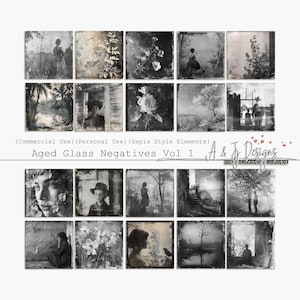 Può includere: Un set di 18 immagini digitali in stile vintage che presentano fotografie in bianco e nero con un tono seppia. Le immagini includono ritratti, paesaggi e nature morte. Le immagini sono progettate per assomigliare a vecchi negativi su vetro.