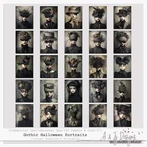 May include: A set of 25 Gothic Halloween portraits, each depicting a person in a dark hat and clothing. The portraits are rectangular, with a neutral backdrop. The text "Gothic Halloween Portraits" is displayed at the bottom of the image.
