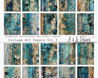 May include: A set of 18 digital collage papers featuring a blue and brown colour scheme with floral and lace designs. The papers are 11 inches by 8.5 inches and are for personal and commercial use.