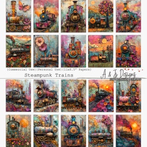 Puede incluir: Una colección de dieciséis coloridas impresiones artísticas de trenes steampunk. Cada impresión presenta una ilustración detallada de un tren vintage con vibrantes tonos de naranja, azul, rosa y verde. Las impresiones son en papeles de 27,9 x 21,6 cm.