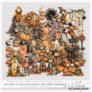 May include: A collection of whimsical Halloween-themed clipart images. The illustrations feature children dressed as witches and ghosts, pumpkins, houses, and other festive elements in shades of orange, brown, and gray. The text reads "Children's Storytime Scenes: Halloween Elements."
