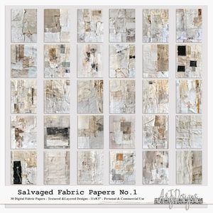 Puede incluir: Una colección de 30 papeles digitales de tela con diseños texturizados y en capas. Los papeles presentan un collage de trozos de tela rasgados en tonos blancos, beige y marrón. El texto "Salvaged Fabric Papers No.1" se muestra, con dimensiones de 27,9 x 21,6 cm.