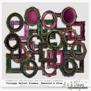 Könnte beinhalten: Eine Sammlung von Vintage-Rahmen in verschiedenen Formen, darunter ovale und rechteckige Designs. Die Rahmen sind in Smaragdgrün, Pflaume und Gold gehalten, einige mit Velveteinsätzen. Der Text "Vintage Velvet Frames: Emerald & Plum" ist enthalten.