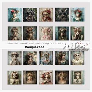 Mascarade, paquet de papier numérique, 20 motifs floraux masqués de style vintage 30 x 30 cm pour journaux indésirables et scrapbooking
