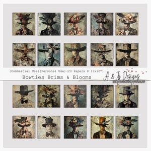 May include: A set of 20 digital papers featuring vintage-inspired illustrations of men wearing top hats with various floral and feather embellishments. The papers are designed for crafting and scrapbooking projects.