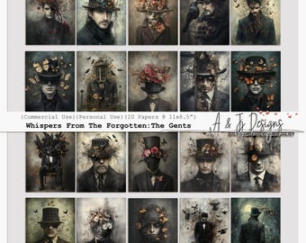 May include: A digital collage sheet featuring 20 images of men in top hats with various floral and nature-inspired elements. The images are in black and white with a vintage aesthetic. The text "Whispers From The Forgotten: The Gents" is at the bottom of the sheet.