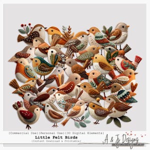 May include: A selection of felt birds in diverse colours and designs. The birds feature shades of brown, orange, and teal, with decorative stitching. The image includes the text "Little Felt Birds" and "A & J Designs".