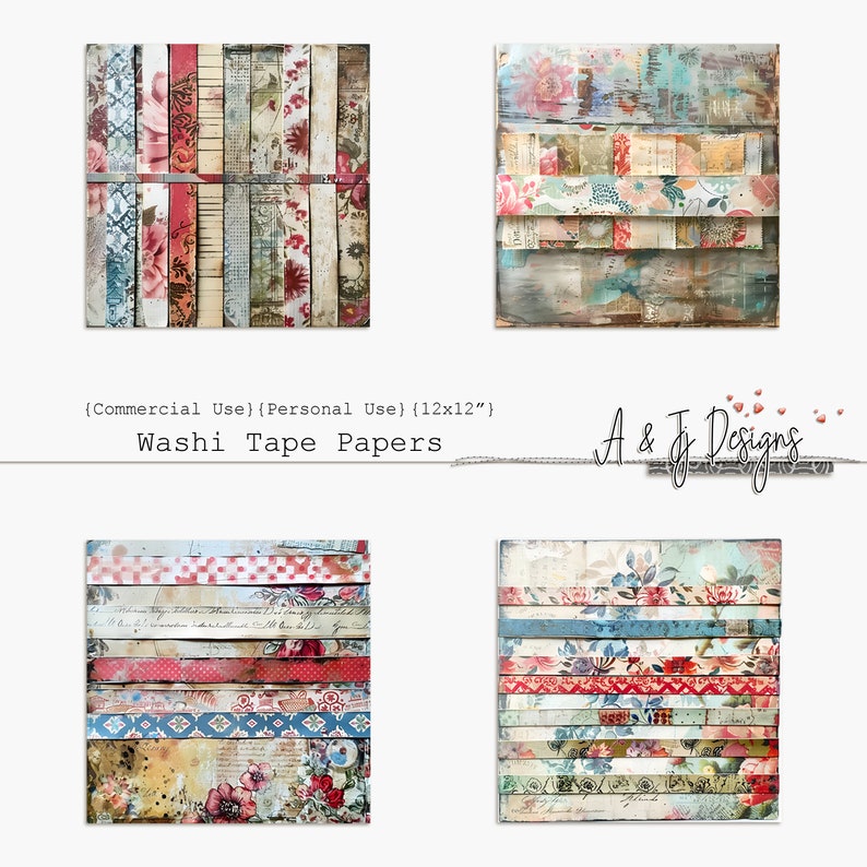 Może przedstawiać: Cztery arkusze wzorzystych papier&oacute;w washi tape, każdy z innym wzorem. Papiery są ułożone w siatkę, każdy arkusz ma wymiary 30,5 cm na 30,5 cm. Papiery prezentują r&oacute;żnorodne kolory i wzory, w tym wzory kwiatowe, geometryczne i abstrakcyjne. Tekst "Commercial Use) (Personal Use) (12x12')" i "Washi Tape Papers" jest widoczny w g&oacute;rnej części obrazu. Tekst "A & J Designs" jest widoczny w dolnej części obrazu.