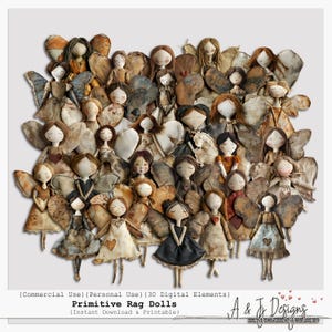 Puede incluir: Una colección de muñecas de trapo primitivas hechas a mano con alas de ángel y detalles de corazón. Las muñecas visten diferentes vestidos y peinados, con una paleta de colores neutros. La imagen incluye el texto "Primitive Rag Dolls" y "A & J Designs".