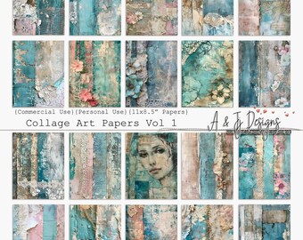 May include: A set of 16 digital collage papers featuring a variety of textures and colours, including blue, pink, and brown. The papers are designed for use in scrapbooking, card making, and other paper crafts. (Commercial Use) (Personal Use) (11x8.5" Papers) Collage Art Papers Vol 1 A & J Designs